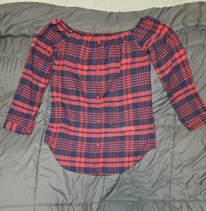 Girls Off-Shoulder Red and Navy Plaid Button-Front Top